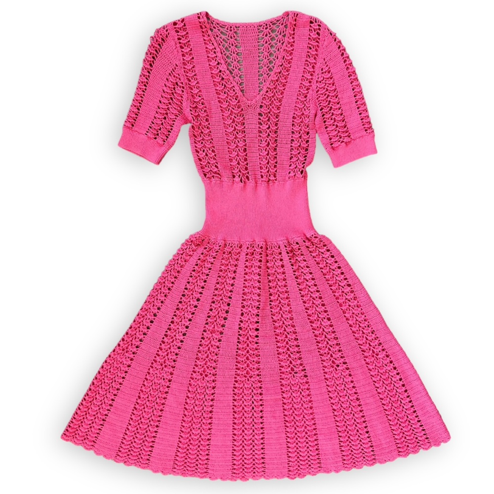 Michael Kors Collection Hand-Crochet Half-Sleeve Dress Pink Fluted Dress